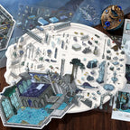 Deep Sea Manor PET sticker sheets with columns, stairs, statues, ocean details, and gothic furniture
