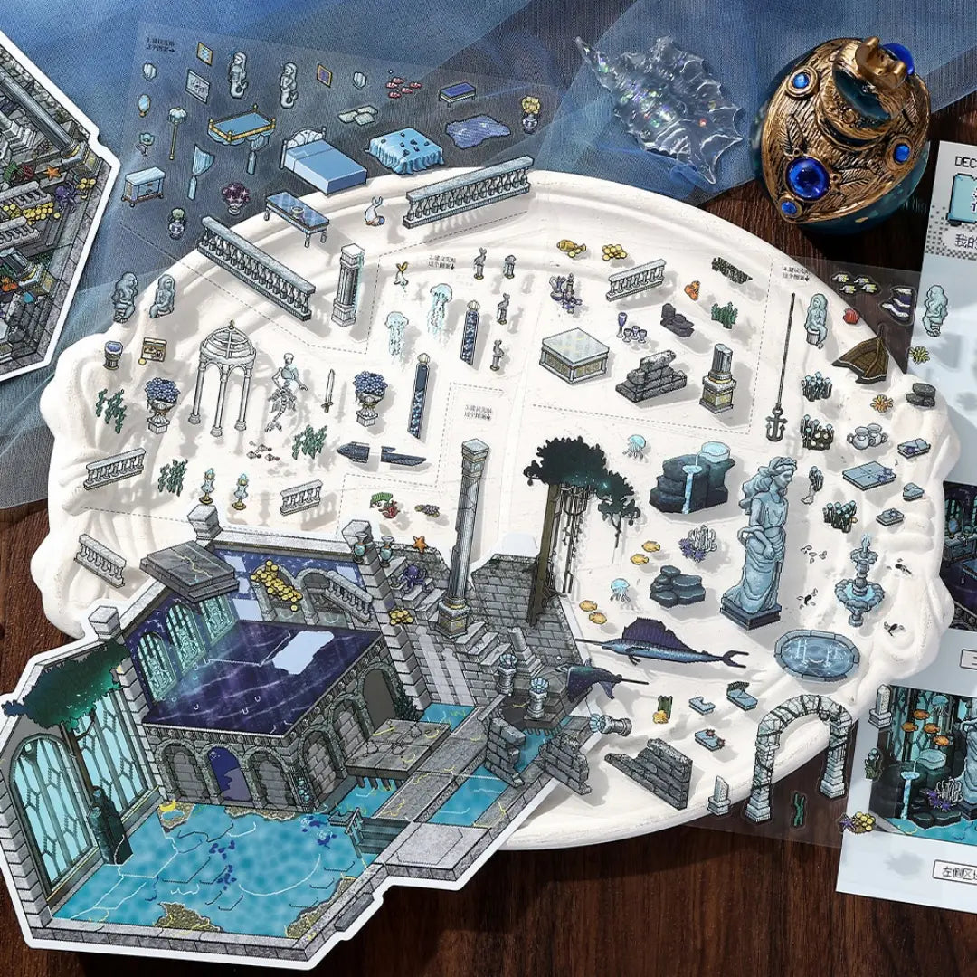 Deep Sea Manor PET sticker sheets with columns, stairs, statues, ocean details, and gothic furniture
