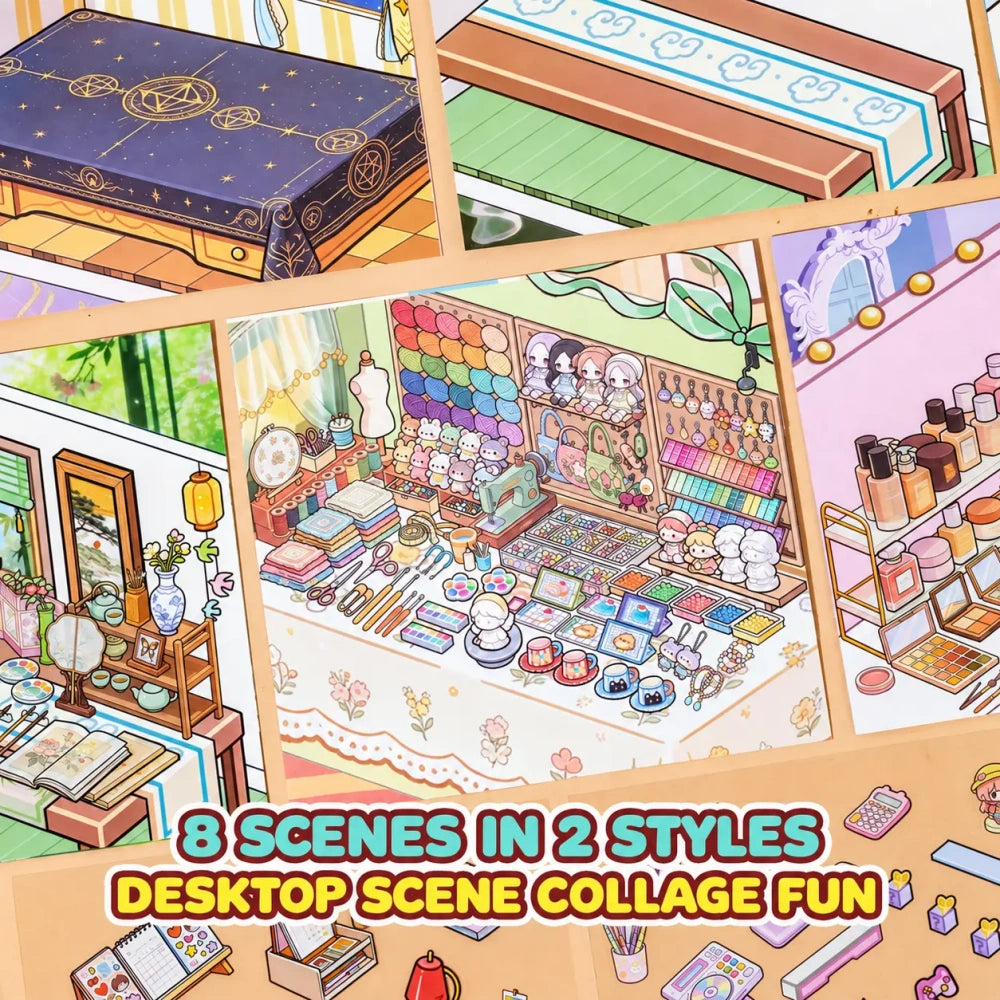 Eight finished desk scenes from the Desk Corner Collection Scene Sticker Book
