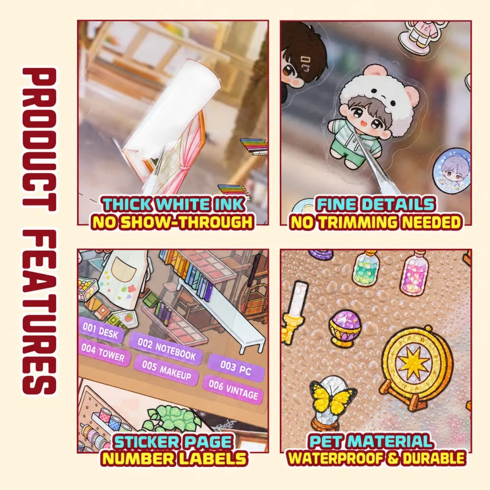 Close-up product features of the Desk Corner Collection Scene Sticker Book with PET stickers, number labels, and fine die-cut details