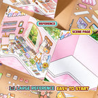 Scene sticker book reference page and blank scene page for a drawing desk layout
