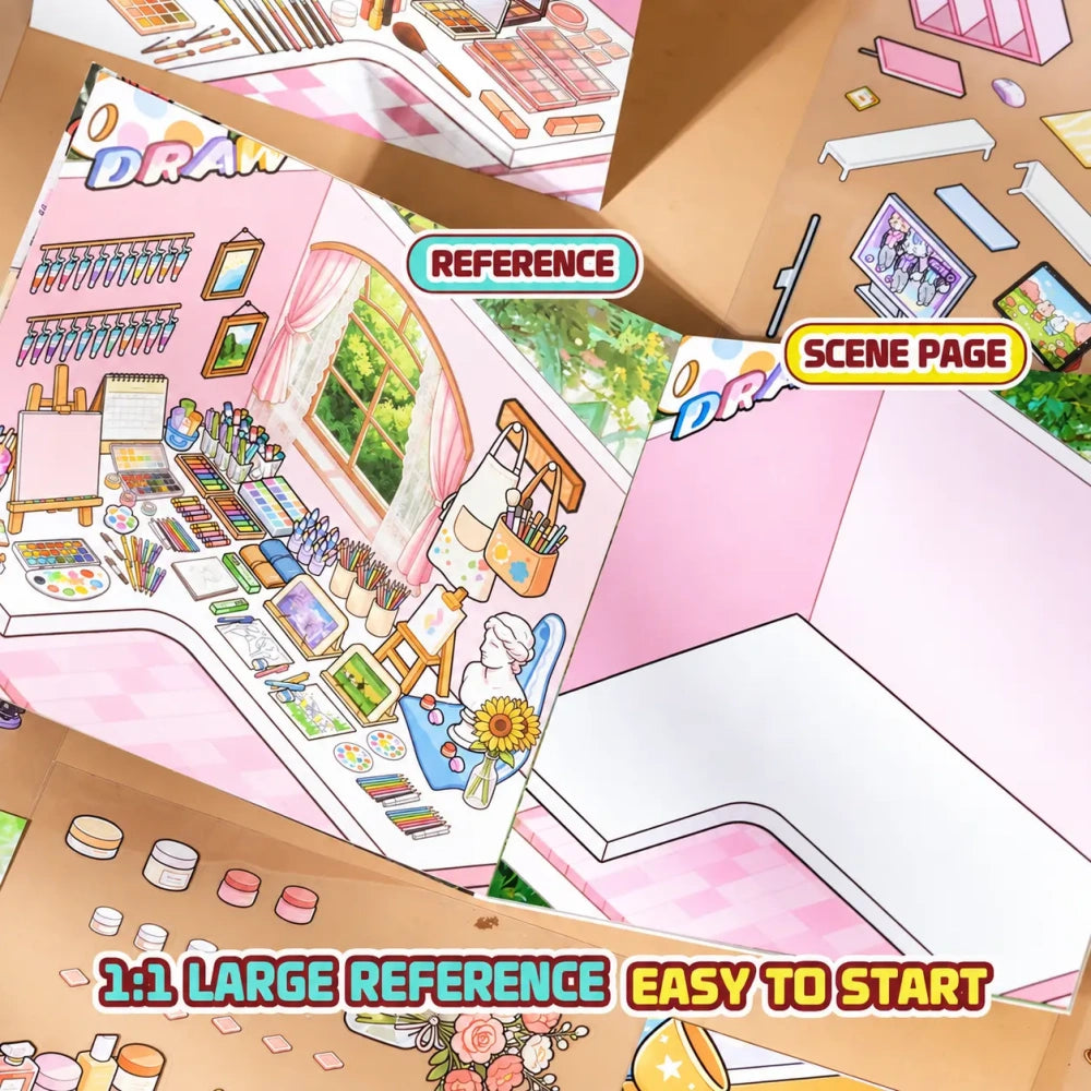 Scene sticker book reference page and blank scene page for a drawing desk layout