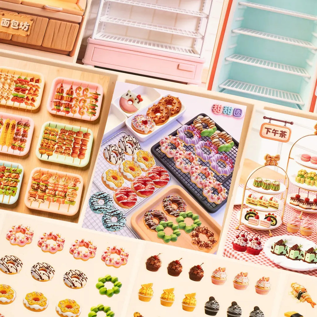 Dessert Time and Mini Food scene pages showing donuts, skewers, cupcakes, afternoon tea, and dessert display elements
