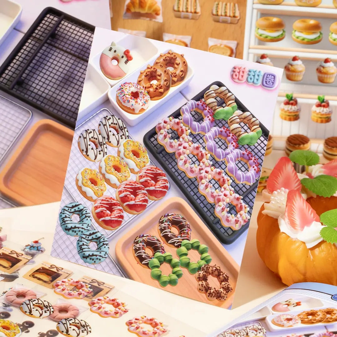 Dessert Time sticker scene with colorful donuts, dessert trays, and bakery display details