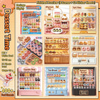 Dessert Time 3D scene sticker book overview showing afternoon tea, tart display, donut tray, bakery, cupcake shop, tea break, and dessert parfait scenes