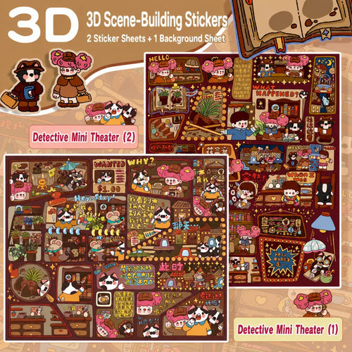 Detective Mini Theater 3D scene sticker kit showing two sticker sheets and one background sheet