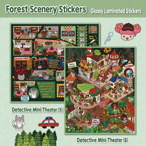 Detective Mini Theater 5 and 6 3D scene sticker kit set main image with detective and forest scenes
