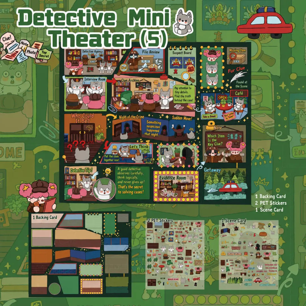 Detective Mini Theater 5 3D scene sticker kit contents with backing card, PET sticker sheets, and scene card