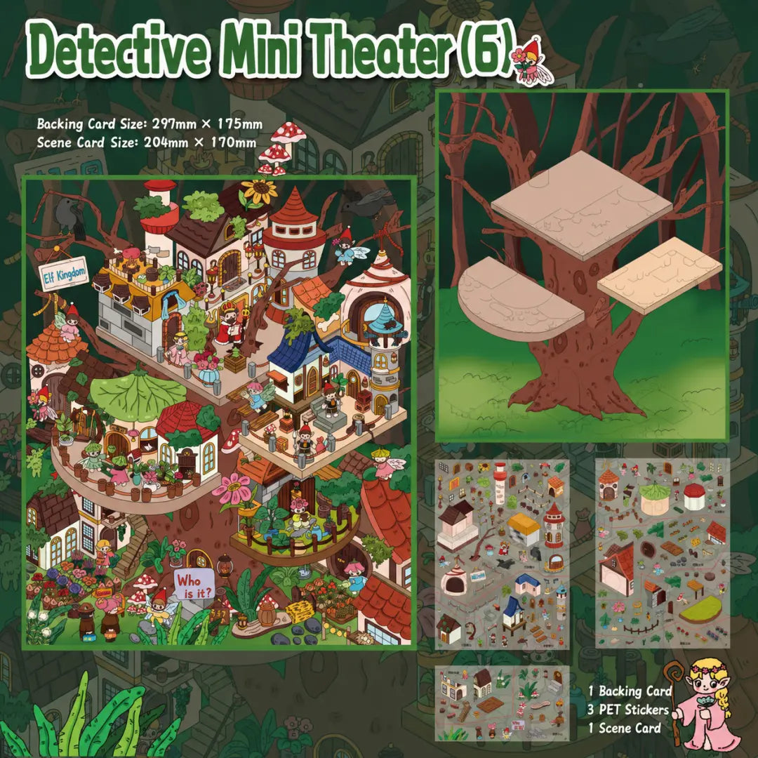 Detective Mini Theater 6 3D scene sticker kit contents with forest elf kingdom scene and sticker sheets