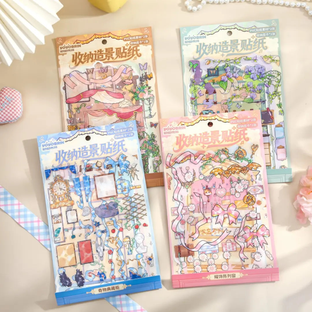 Display Cabinet 3D scene sticker kit set showing four packaged cabinet scene sticker designs on a soft desk background