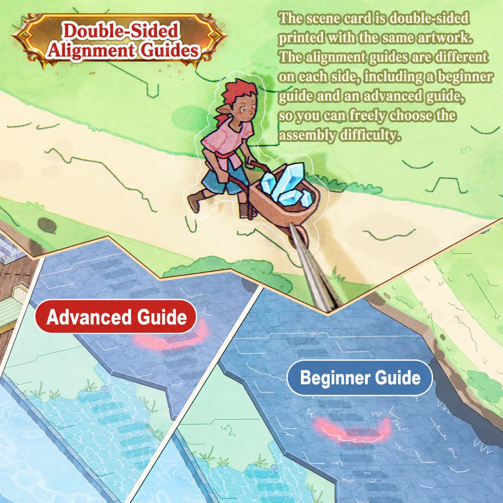 Beginner and advanced alignment guides printed on opposite sides of the fantasy scene card