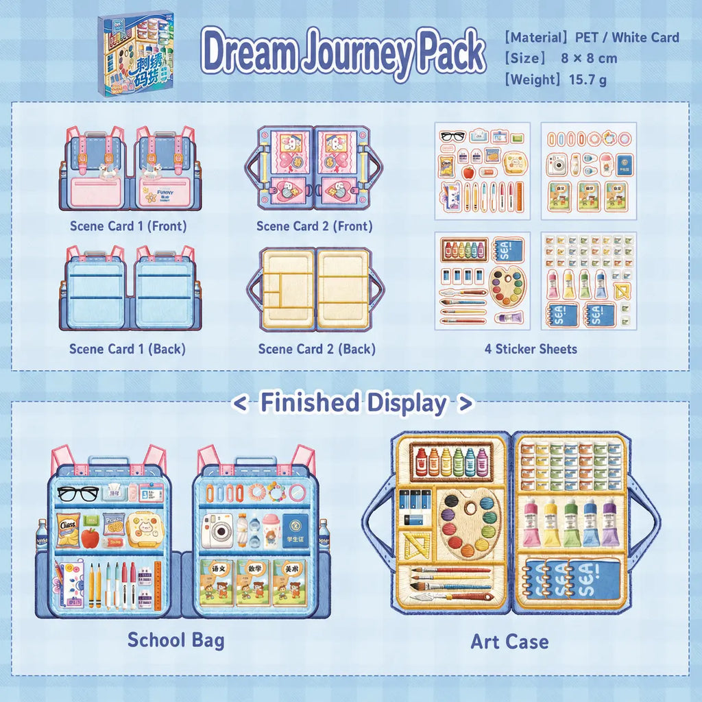Dream Journey miniature scene sticker kit with school bag and art case scene cards and four sticker sheets