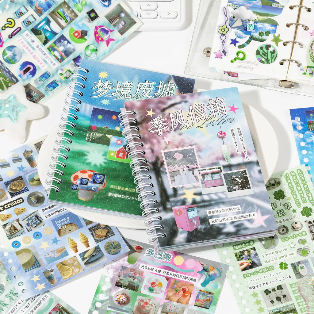 Dreamscape and Monsoon journaling sticker set with two sticker packs and assorted collage sheets