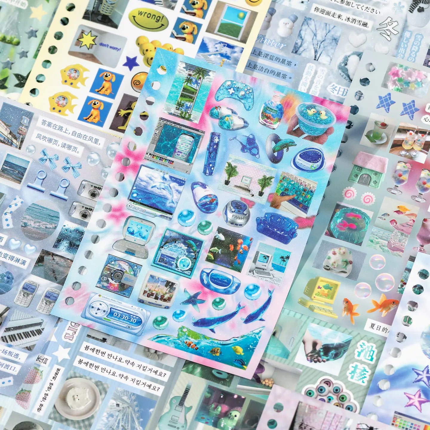 Dreamy journaling sticker sheets with sky, clover, rain, and retro collage designs