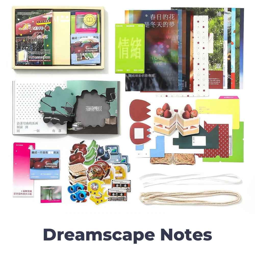 Dreamscape Notes Junk Journal Kit flat lay showing the coordinated papers, ephemera, stickers, and craft embellishments included in the set