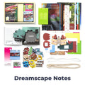 Dreamscape Notes Junk Journal Kit flat lay showing the coordinated papers, ephemera, stickers, and craft embellishments included in the set