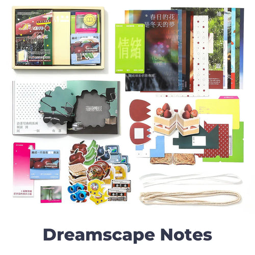 Dreamscape Notes Junk Journal Kit flat lay showing the coordinated papers, ephemera, stickers, and craft embellishments included in the set