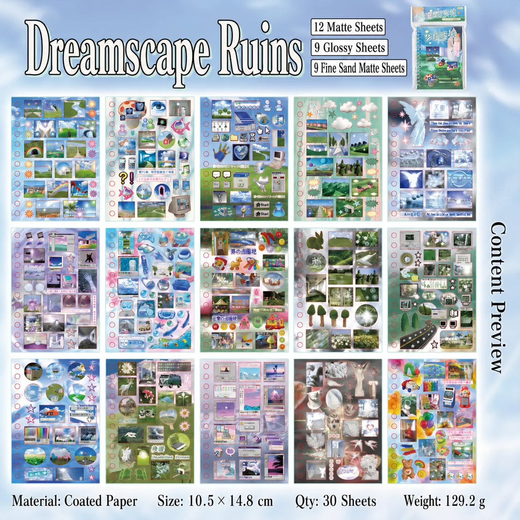 Dreamscape Ruins journaling sticker sheets with matte, glossy, and fine sand matte designs