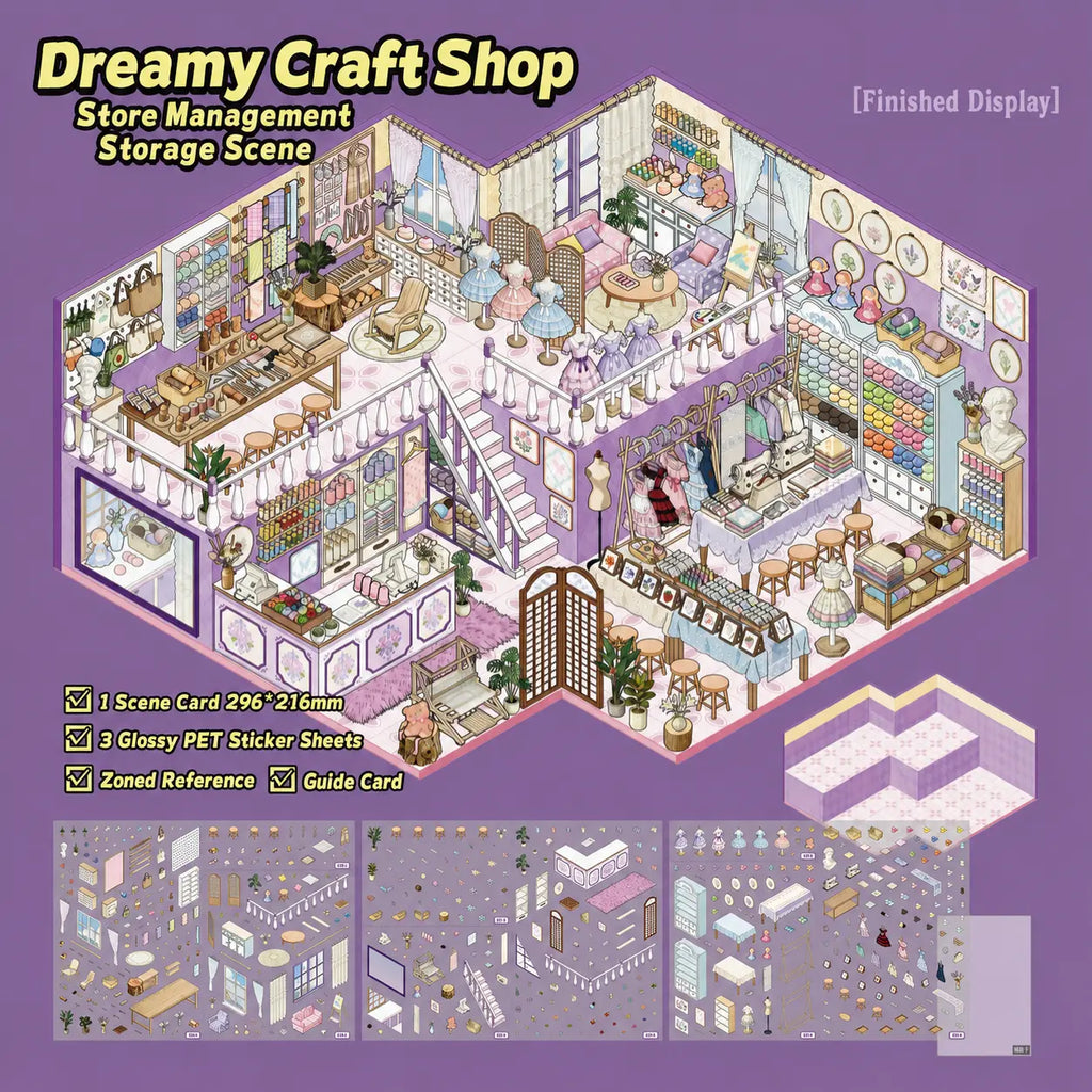 Overview of the Dreamy Craft Shop 3D Scene Sticker Kit with one scene card, three glossy PET sticker sheets, zoned reference, and guide card