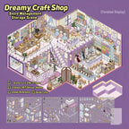 Overview of the Dreamy Craft Shop 3D Scene Sticker Kit with one scene card, three glossy PET sticker sheets, zoned reference, and guide card