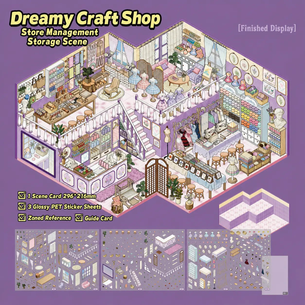 Overview of the Dreamy Craft Shop 3D Scene Sticker Kit with one scene card, three glossy PET sticker sheets, zoned reference, and guide card