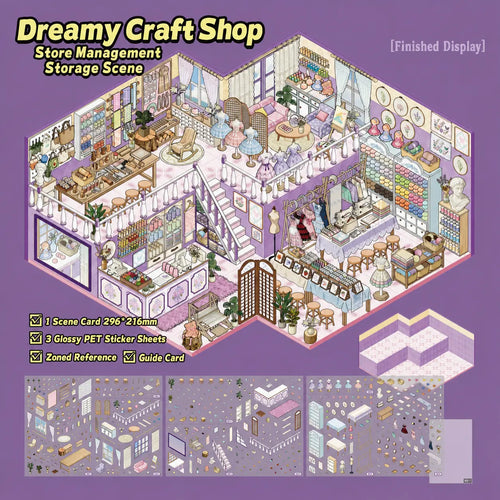 Overview of the Dreamy Craft Shop 3D Scene Sticker Kit with one scene card, three glossy PET sticker sheets, zoned reference, and guide card