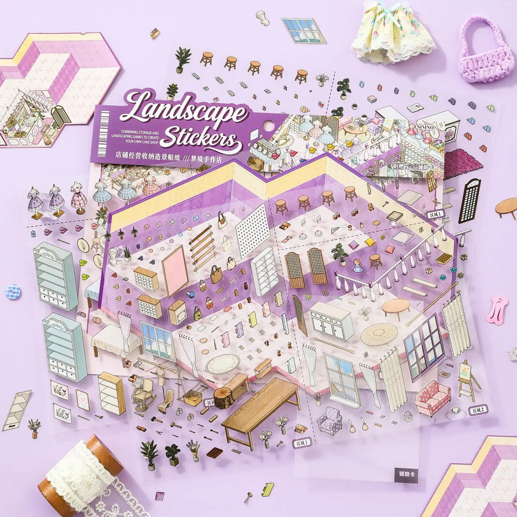 Dreamy Craft Shop sticker kit contents with glossy PET stickers, purple scene card, craft furniture, fabric rolls, and sewing accessories
