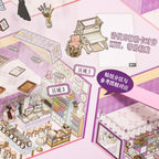 Zoned reference and guide card for the Dreamy Craft Shop 3D Scene Sticker Kit showing matching placement areas on the scene card