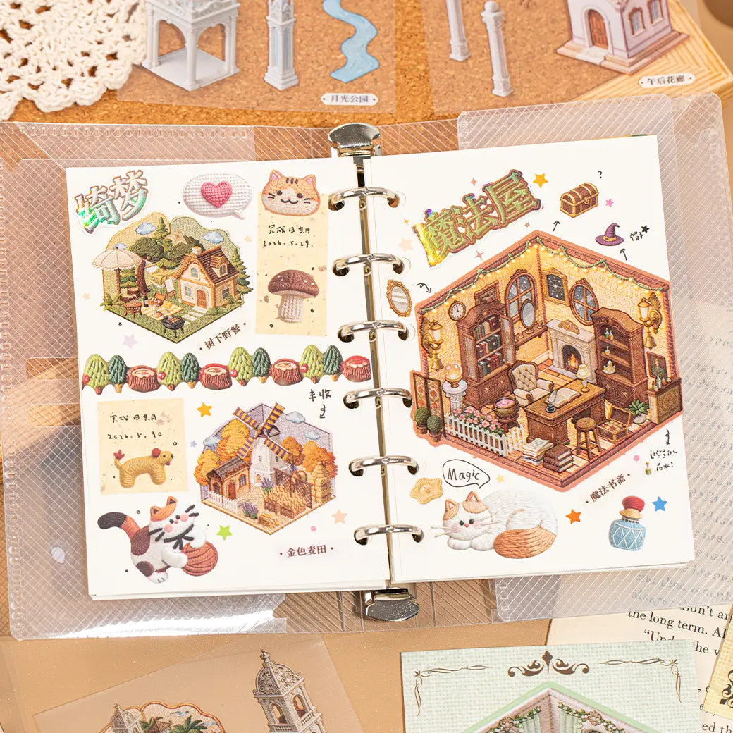 Transparent sticker sheet with autumn house, tree, fence, and garden elements