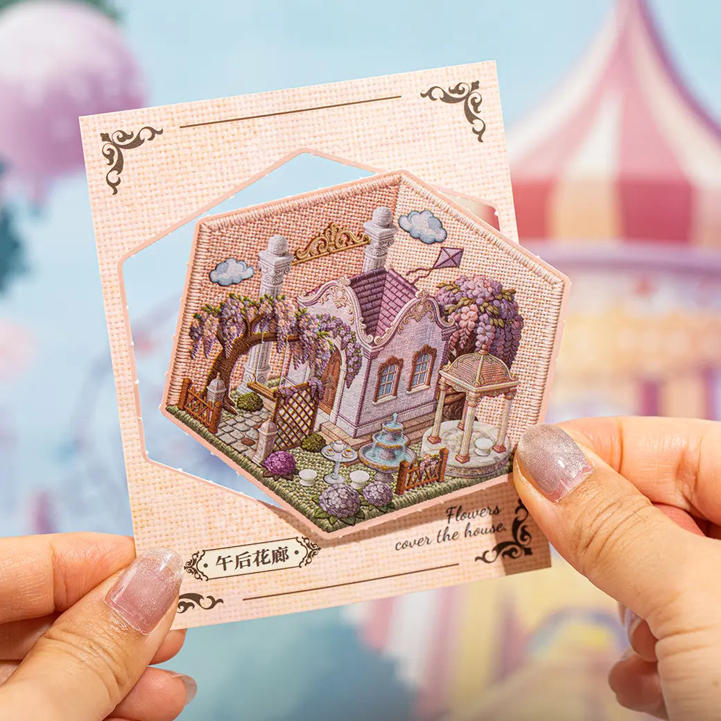 Dreamy French Garden house scene sticker placed on a decorative scene card
