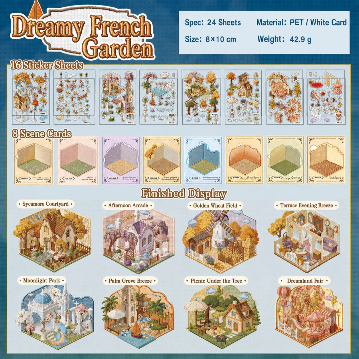 Dreamy French Garden 3D scene sticker kit overview with 16 sticker sheets and 8 scene cards