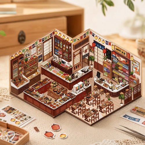 Dreamy Japanese Deli 3D Scene Sticker Kit finished display with a cozy miniature food shop layout