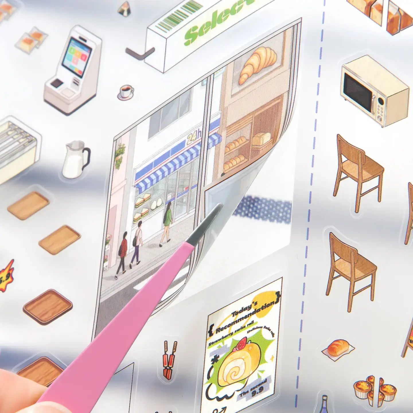 Close-up of frosted PET stickers being peeled for miniature scene building