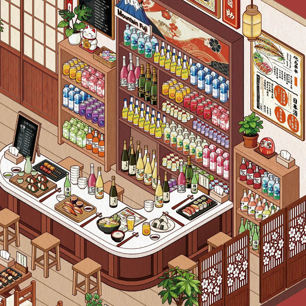 Close-up of the Japanese deli scene with drink shelves, dining counter, food trays, plants, and shop signs