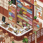 Close-up of the Japanese deli scene with drink shelves, dining counter, food trays, plants, and shop signs