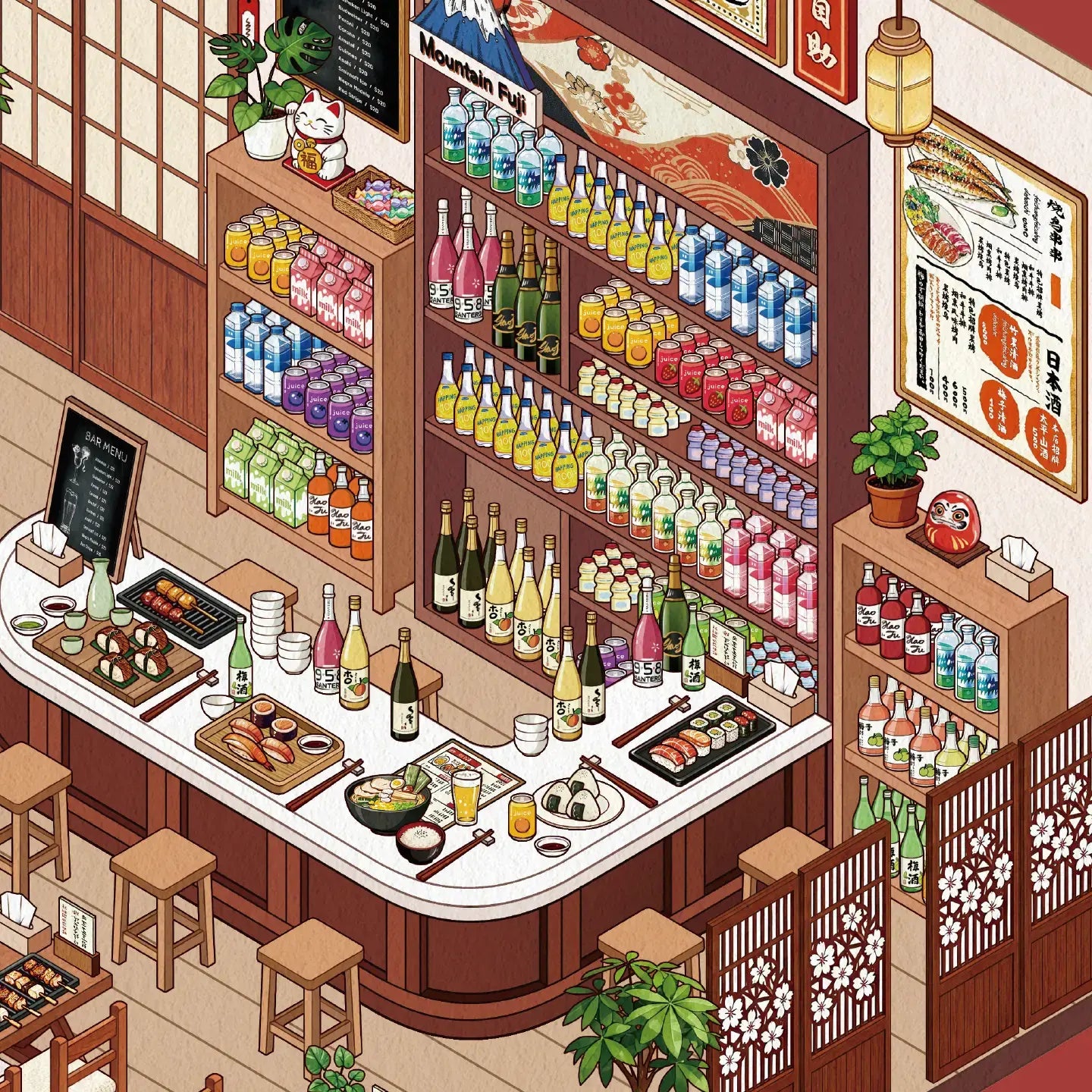 Close-up of the Japanese deli scene with drink shelves, dining counter, food trays, plants, and shop signs