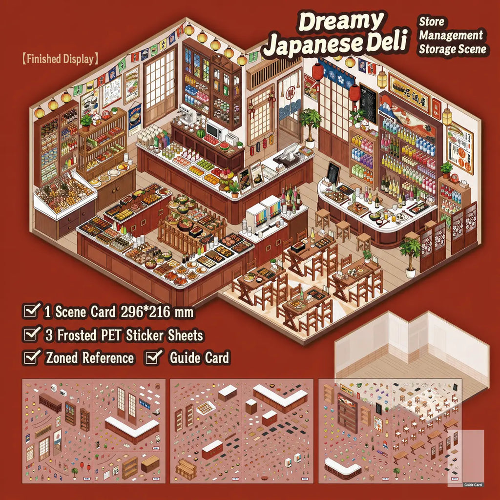 Overview of the Dreamy Japanese Deli 3D Scene Sticker Kit with one scene card and three frosted PET sticker sheets