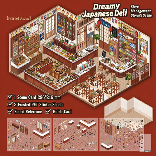 Overview of the Dreamy Japanese Deli 3D Scene Sticker Kit with one scene card and three frosted PET sticker sheets