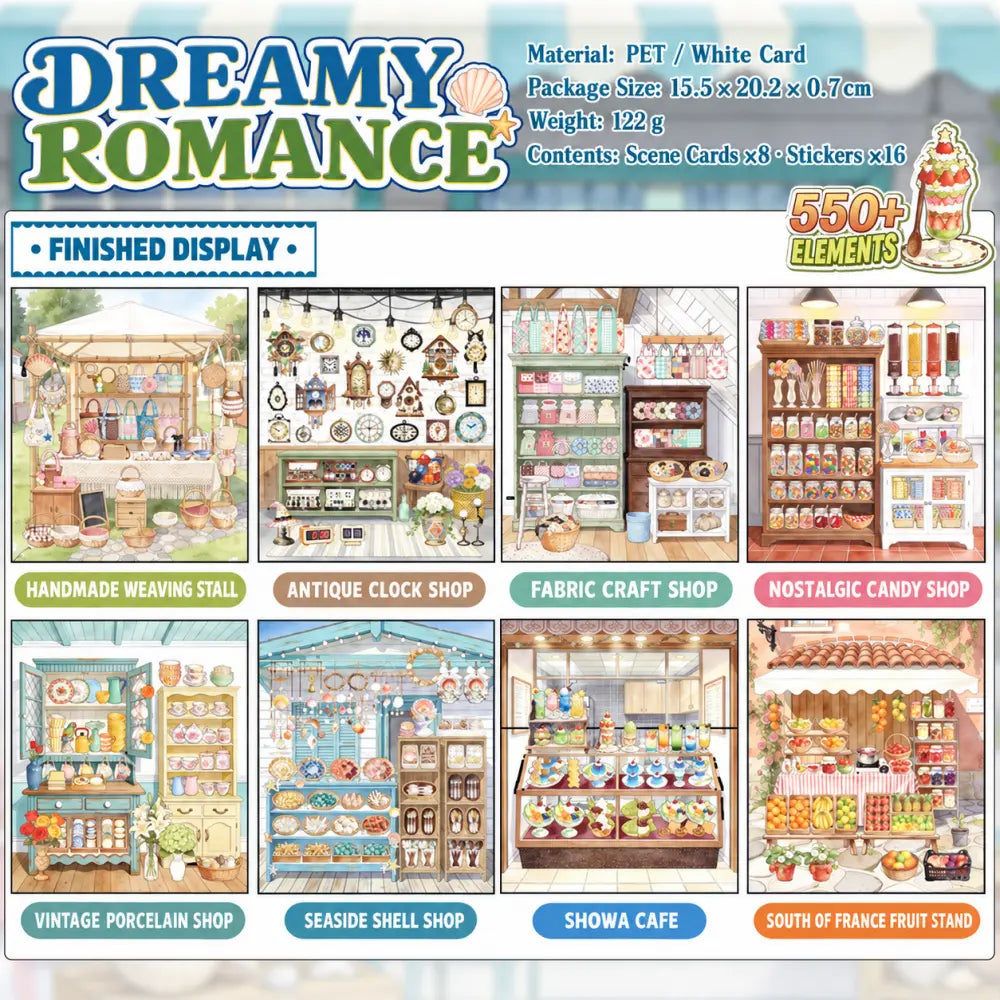 Dreamy Romance Scene Sticker Book with eight finished boutique scenes and 550 plus elements