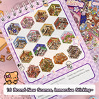 Back page of Dreamy Shops 3D Scene Sticker Book showing 16 miniature scene designs