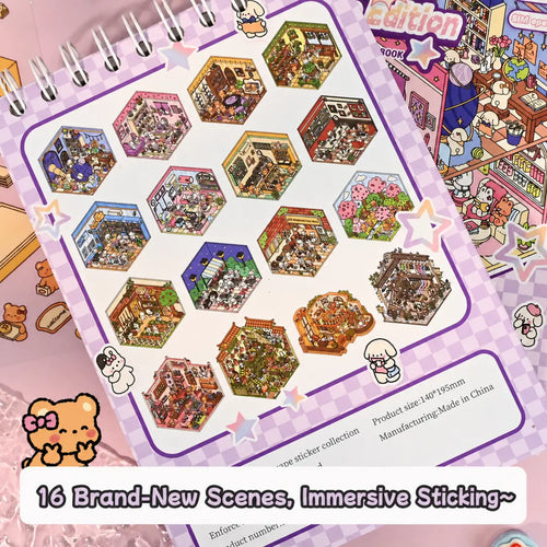 Back page of Dreamy Shops 3D Scene Sticker Book showing 16 miniature scene designs