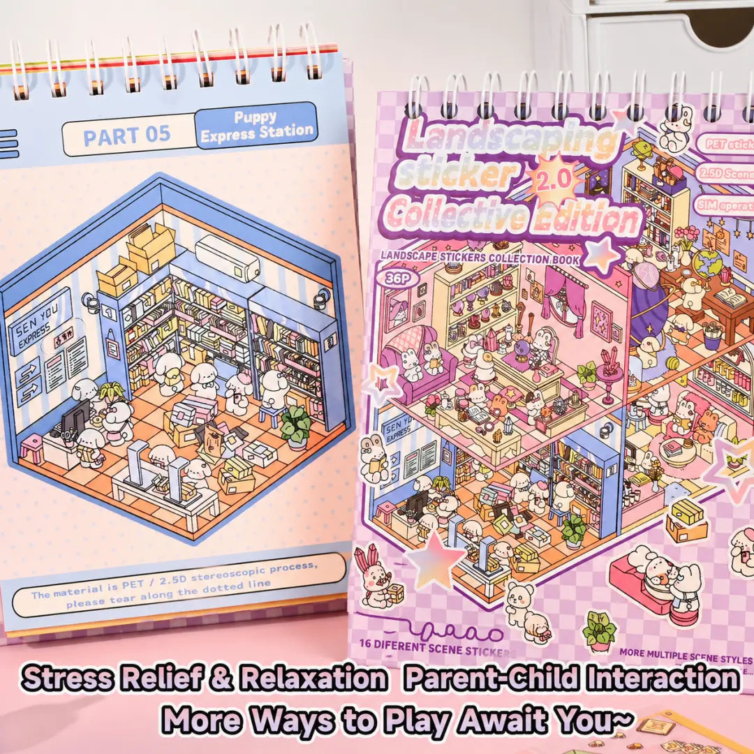 Dreamy Shops 3D Scene Sticker Book with Puppy Express Station page and pink cover