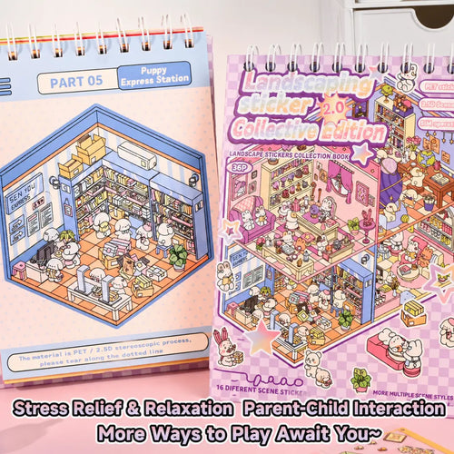 Dreamy Shops 3D Scene Sticker Book with Puppy Express Station page and pink cover