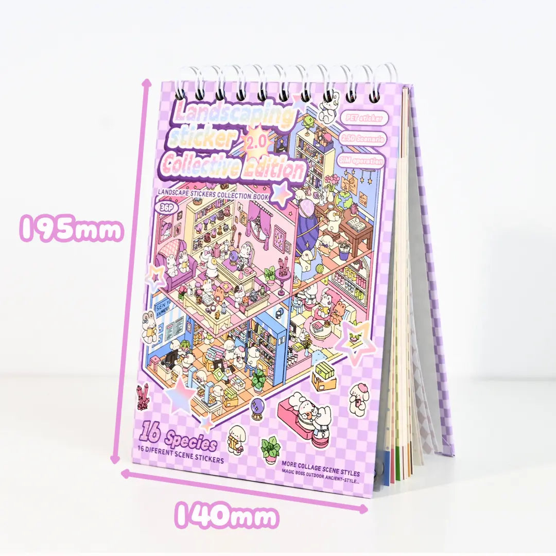 Dreamy Shops 3D Scene Sticker Book size reference showing 140 mm by 195 mm