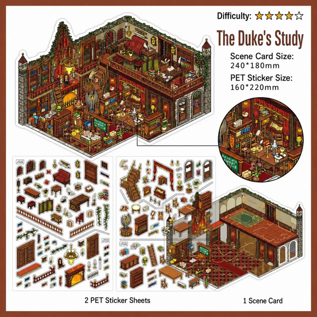 The Duke’s Study scene sticker kit with red gothic study scene card and PET sticker sheets