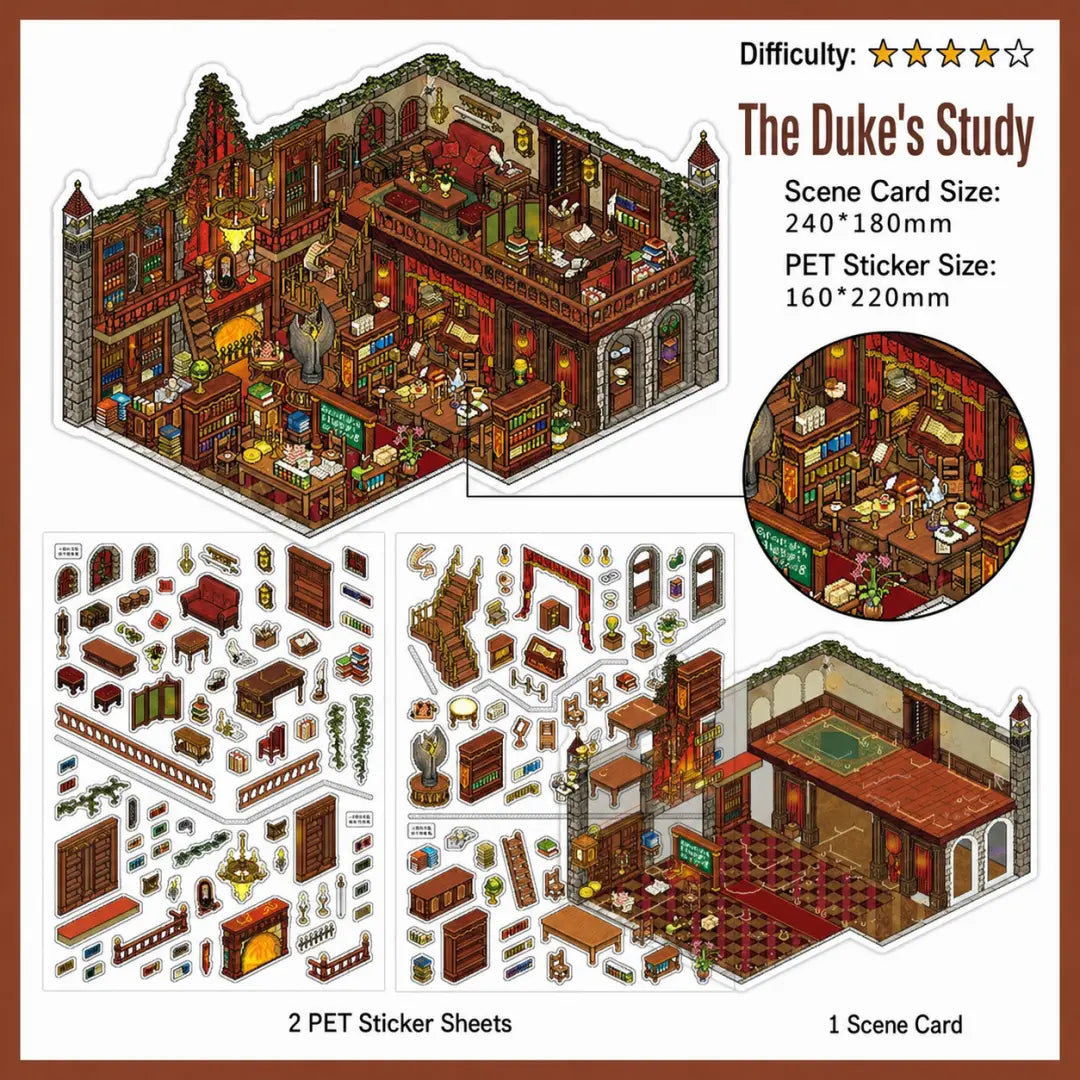 The Duke’s Study scene sticker kit with red gothic study scene card and PET sticker sheets