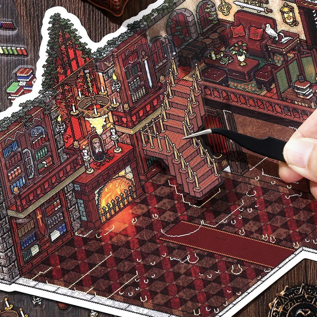 Close-up of The Duke’s Study sticker placement with tweezers, staircase, fireplace, and red study scene
