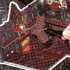 Close-up of The Duke’s Study sticker placement with tweezers, staircase, fireplace, and red study scene