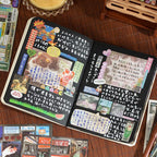 Black journal spread decorated with layered stickers and handwritten notes from the Echoes of Memory Journaling Sticker Book