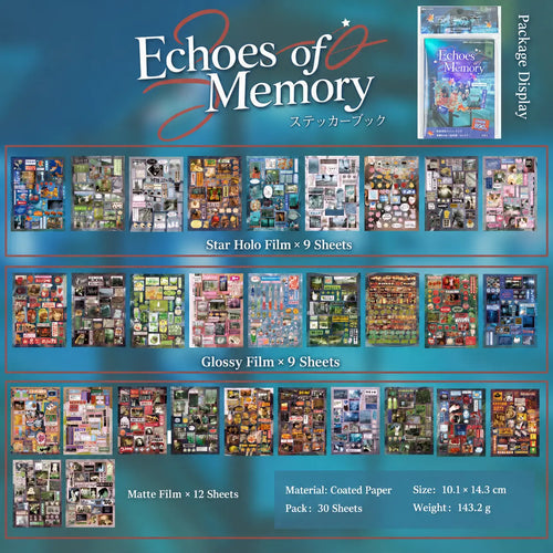 Echoes of Memory Journaling Sticker Book content preview showing 30 sheets in star holo, glossy, and matte finishes